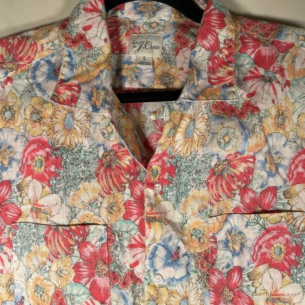 J. Crew Floral Shirt Men's Sz L 100% Linen Camp Collar Button Up Short Sleeve